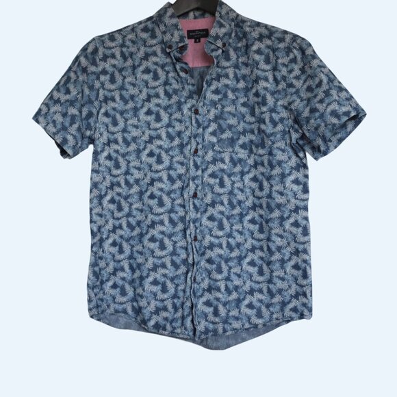 Rue saint patrick blue white feather leaves button down 100% cotton size M - Picture 1 of 10